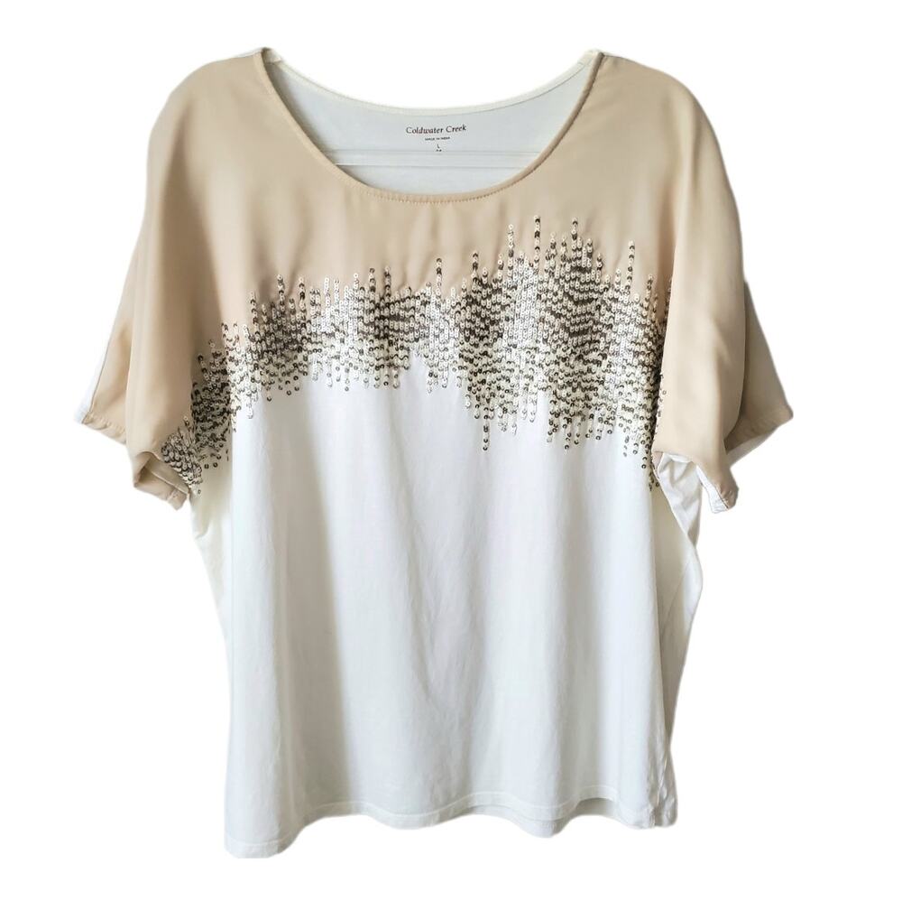 Coldwater Creek Women Sequin Beige Top L Mixed Media Modern Sparkle Holiday